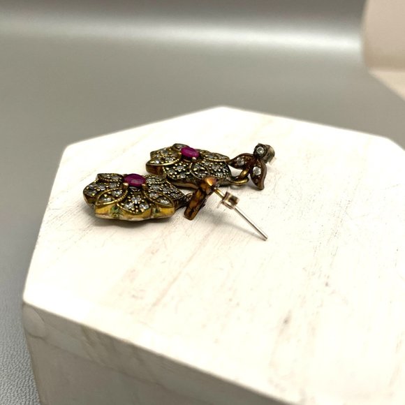 Turkish Sterling Silver Genuine Ruby Simulated White Topaz Dangle Earrings EUC - Picture 7 of 11